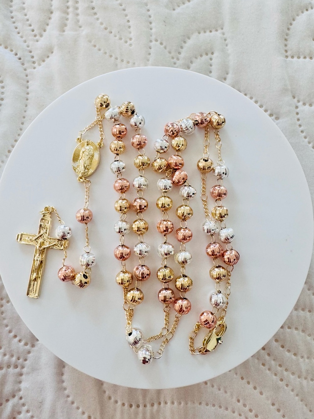 18K Gold Plated Tri-Tone Gold Rosary men’s Necklace with Crucifix. New